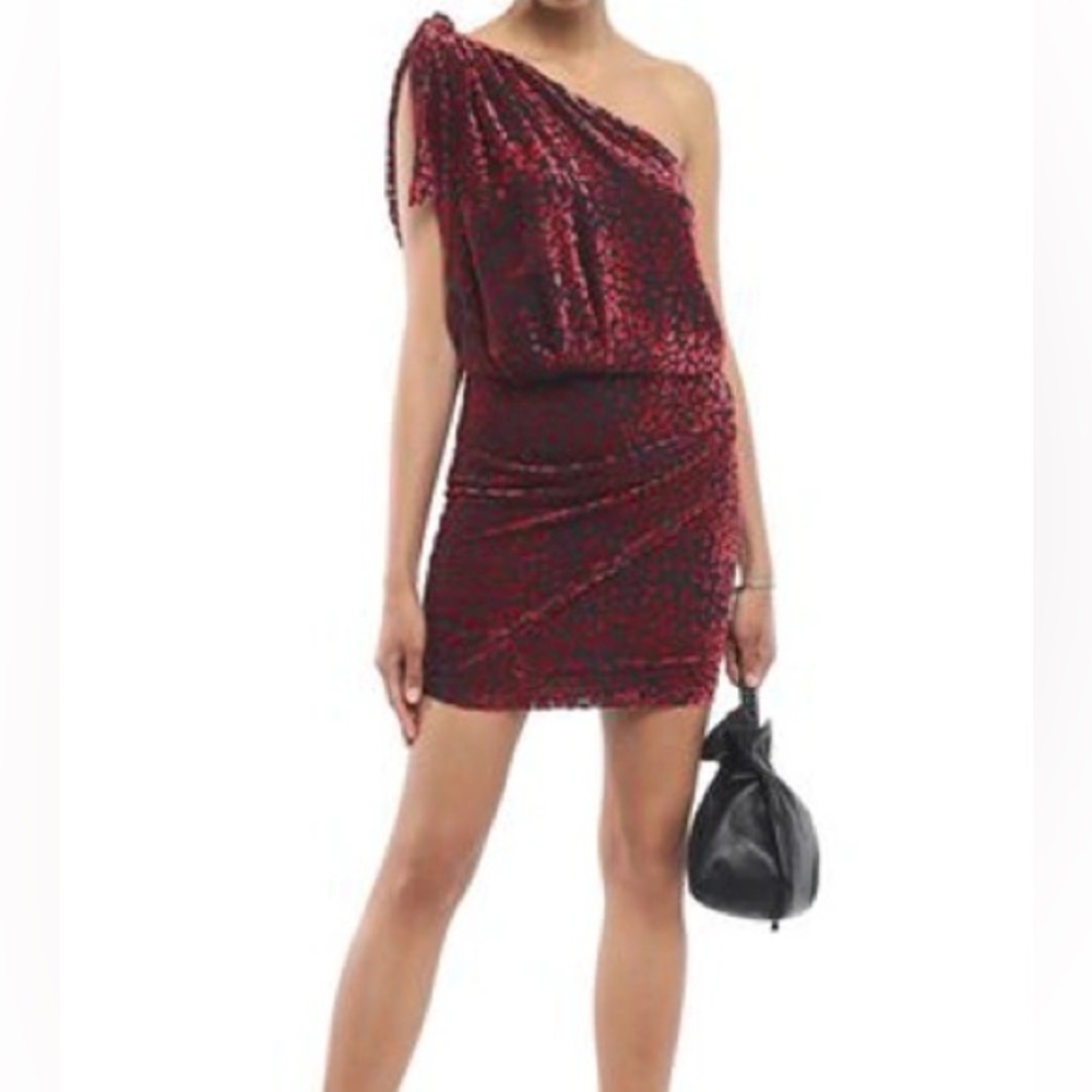 IRO Moon Velvet Animal Print Burgundy Burnout One Shoulder Mini Dress NWT Size 4